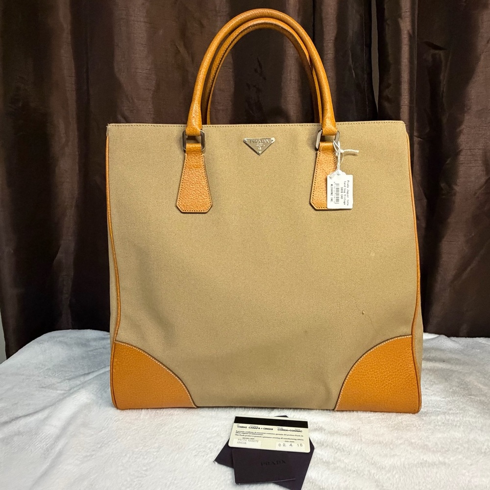 Authentic pre loved Prada Beige and Orange Canvas Tote